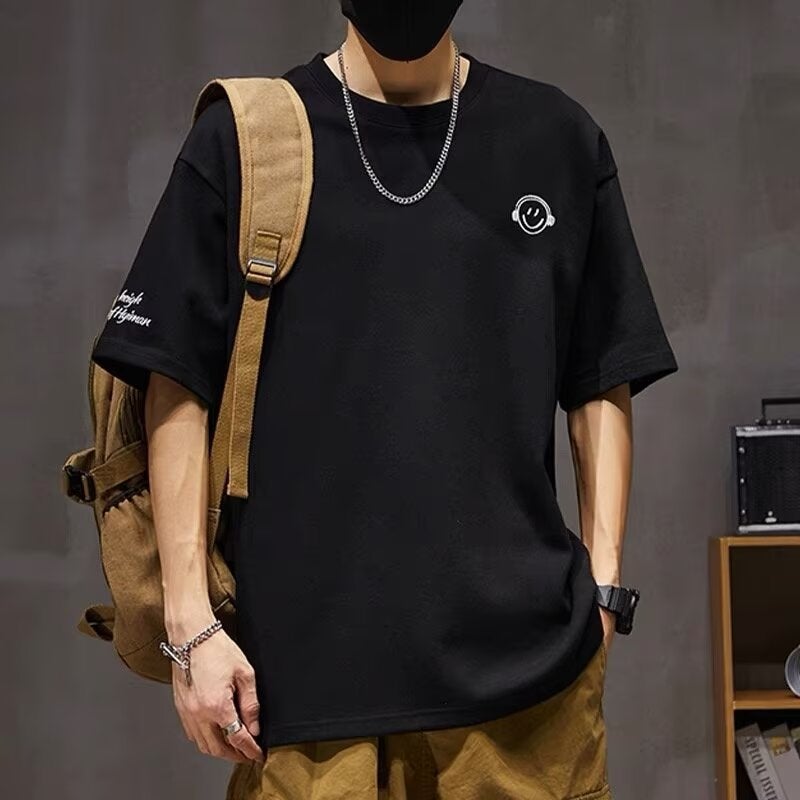 Summer Cool Handsome Men'S Loose Half Sleeve Smiley T-Shirt Breathable Thin Men'S Casual Round Neck Top Solid Color Short Sleeve - Image 1