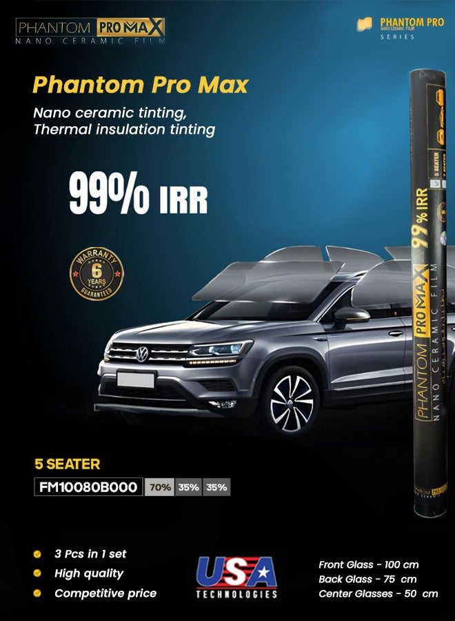فانتوم مجموعة أفلام تظليل زجاج السيارات PHANTOM Nano Ceramic للسيارات ذات 5 مقاعد، تحجب 99% من الأشعة تحت الحمراء والأشعة فوق البنفسجية، وPhantom Pro Max عازل حراري، بنسبة نفاذية ضوئية مرئية 70% و35%، سهلة التركيب - FM10080BOOO - Image 2
