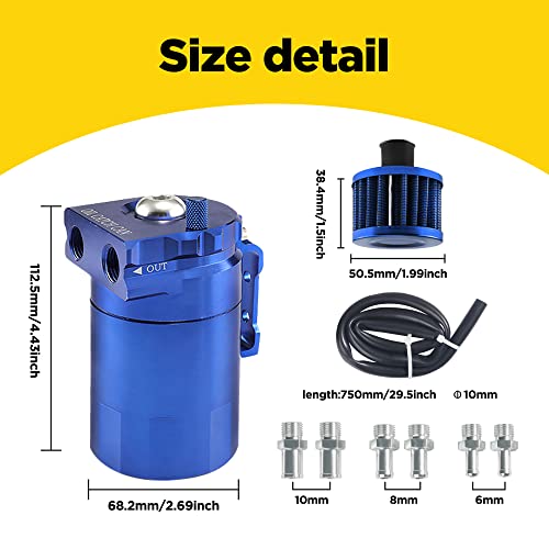 AOCISKA Aluminum Oil Catch Can,Baffled Oil Catch Can Kit,300ml Oil Reservoir Tank,Oil Separator Catch Can with Hose Kit,Universal Oil Catch Can Tank Polish Baffled Reservoir (Blue) - Image 3