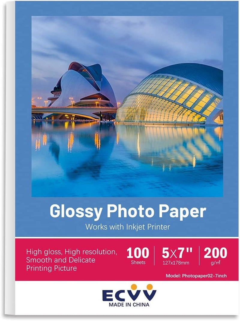 ECVV 7 Inch Cast Coated Photo Paper For Photograph Printer 5X7 Inch（127*178Mm）White Glossy (100 Sheets) - Image 1