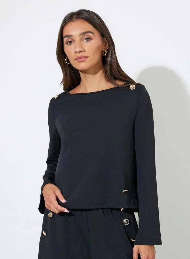 Styli  Black Solid Long Sleeves Blouse and Wide Leg Trousers Set with Gold Buttons for Women | Best Price UAE