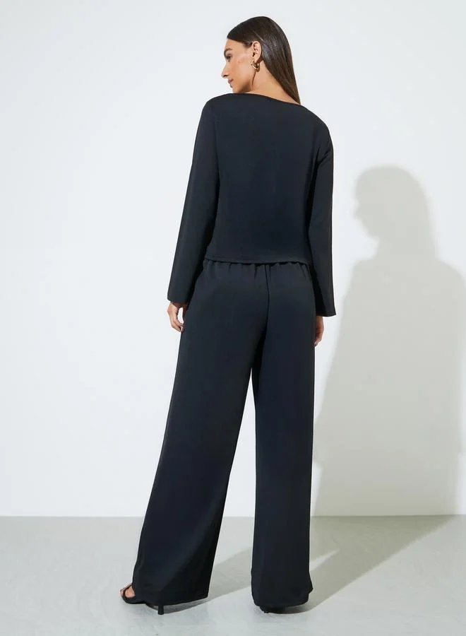 Styli  Black Solid Long Sleeves Blouse and Wide Leg Trousers Set with Gold Buttons for Women | Best Price UAE