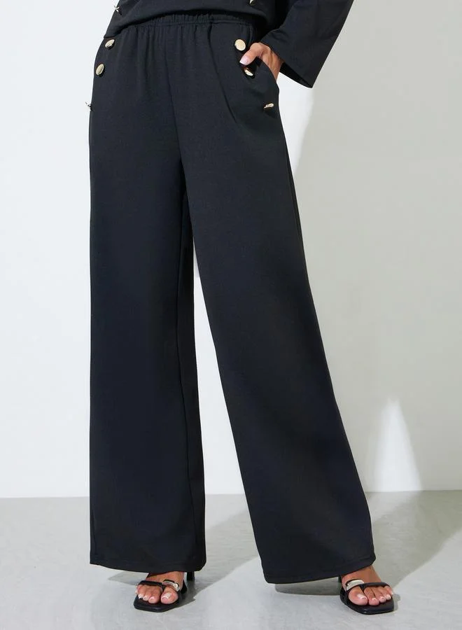 Styli  Black Solid Long Sleeves Blouse and Wide Leg Trousers Set with Gold Buttons for Women | Best Price UAE