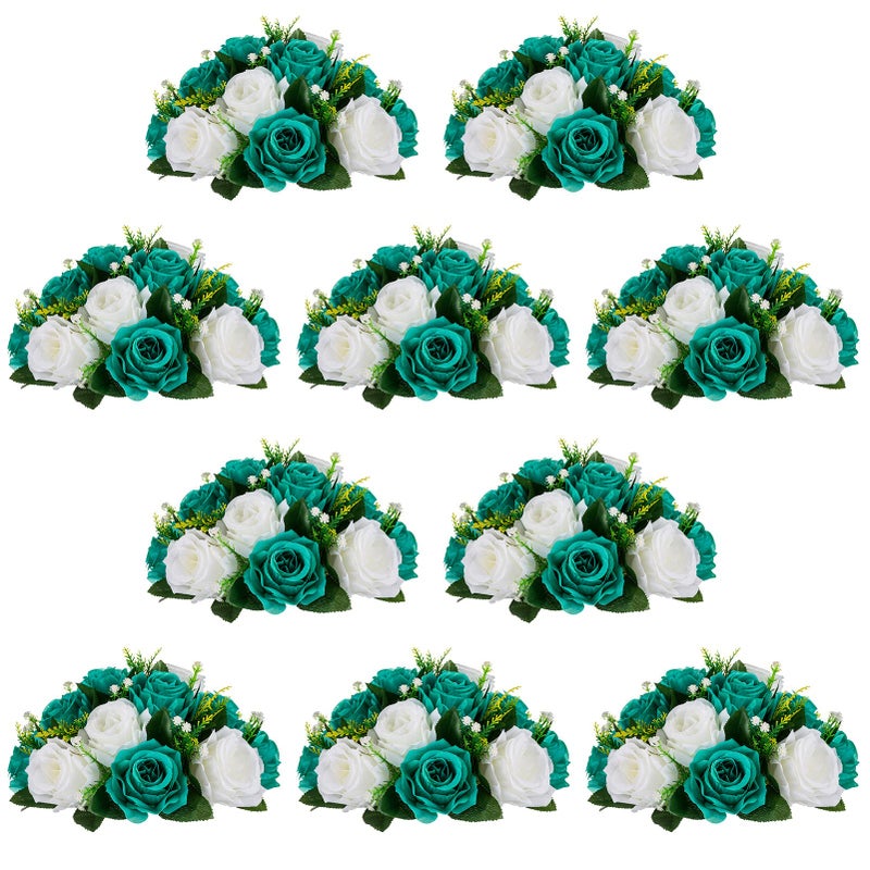 NUPTIO Flower Wedding Centrepieces for Tables - 10 Pcs 9.5in Diameter Teal & White Artificial Flowers Rose Ball for Centerpieces Table - Fake Rose Arrangements for Weddings Birthday Party Decorations - Image 1