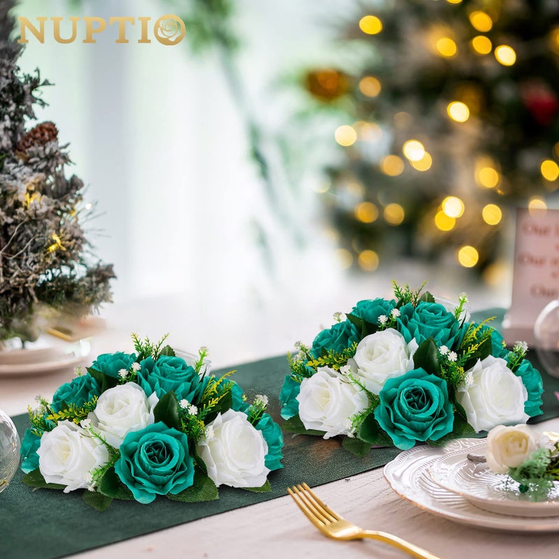 NUPTIO Flower Wedding Centrepieces for Tables - 10 Pcs 9.5in Diameter Teal & White Artificial Flowers Rose Ball for Centerpieces Table - Fake Rose Arrangements for Weddings Birthday Party Decorations - Image 2
