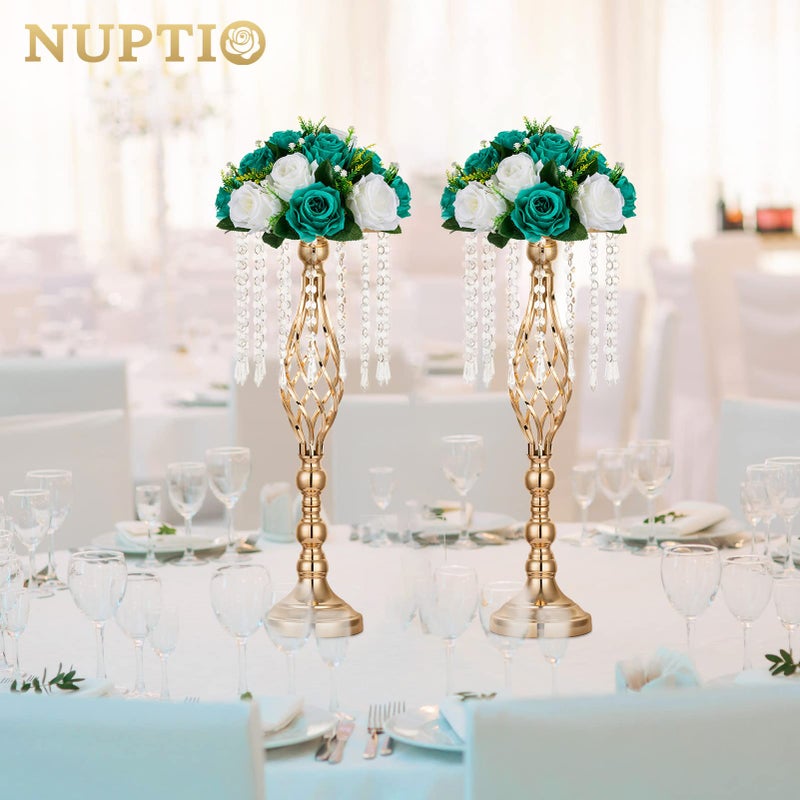 NUPTIO Flower Wedding Centrepieces for Tables - 10 Pcs 9.5in Diameter Teal & White Artificial Flowers Rose Ball for Centerpieces Table - Fake Rose Arrangements for Weddings Birthday Party Decorations - Image 3