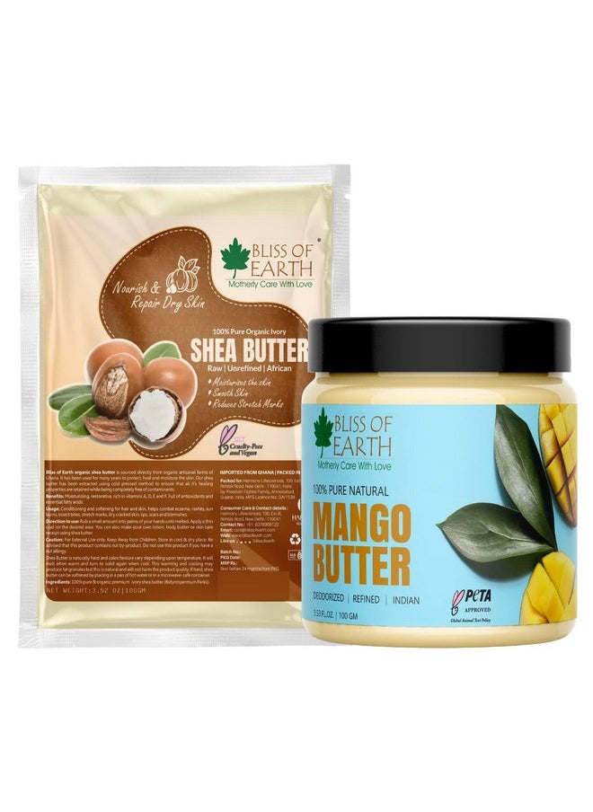 BLISS OF EARTH - Shea Butter + Mango Butter Great For Skin & And Hair Care Stretch Mark Skin Smoothing Moisturizer Diy Products 100Gm Each - Image 1