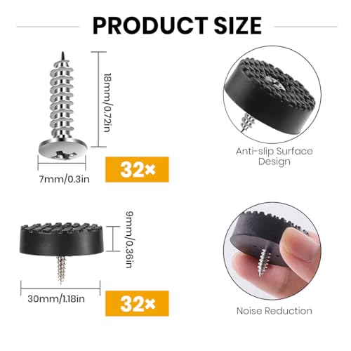 Serplex® Screw On Rubber Feet For Furniture, 32pcs Anti Slip Floor Protector With Heavy Duty Screw Feet & Furniture Pad For Hardwood Floor, Rubber Bumper Screw-In Floor Protectors, 3cm Dia Version Kit - Image 2