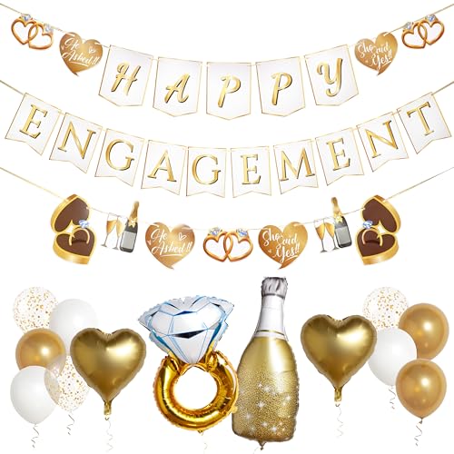 Pirese Happy Engagement Banner, Just Engaged Banner, Happy Engagement Decorations | Just Engaged Decorations | Almost Married Sign | Congratulations Wedding Decor Sign with Balloons - Image 1