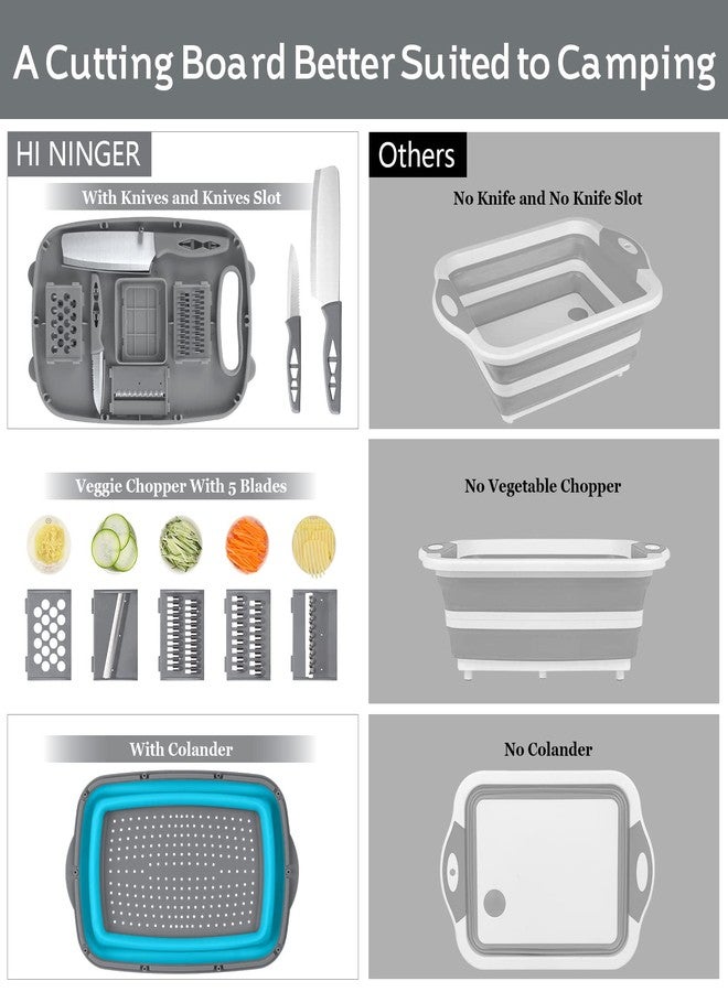 HI NINGER Camping Cutting Board, HI NINGER Collapsible Chopping Board with Colander, 9-In-1 Multi Chopping Board Kitchen Vegetable Washing Basket for Camper,Camping Gifts Camping Accessories for RV Campers - Image 2