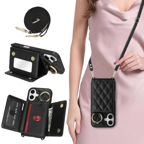DEYHU for iPhone 16 Case with Card Holder and Strap for Women,Crossbody Lanyard, Make Up Mirror,Ring Stand,Snap Clasp,Cute Phone Wallet Cases 6.1 inch - Black - Image 1