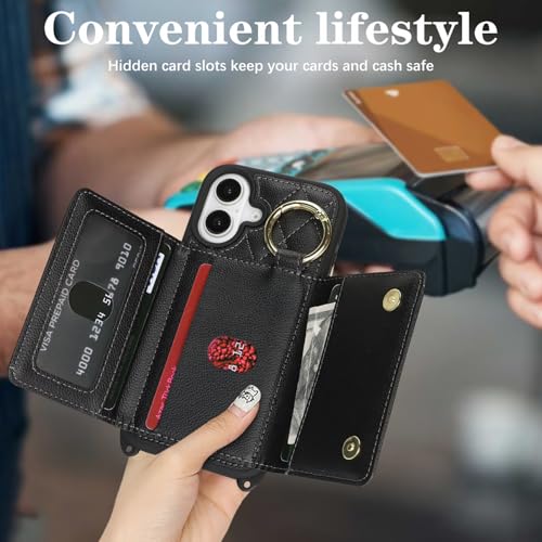 DEYHU for iPhone 16 Case with Card Holder and Strap for Women,Crossbody Lanyard, Make Up Mirror,Ring Stand,Snap Clasp,Cute Phone Wallet Cases 6.1 inch - Black - Image 3