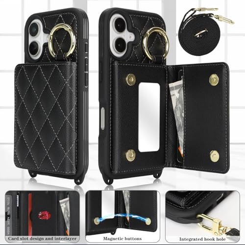 DEYHU for iPhone 16 Case with Card Holder and Strap for Women,Crossbody Lanyard, Make Up Mirror,Ring Stand,Snap Clasp,Cute Phone Wallet Cases 6.1 inch - Black - Image 2