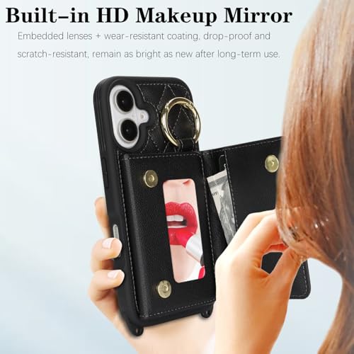 DEYHU for iPhone 16 Case with Card Holder and Strap for Women,Crossbody Lanyard, Make Up Mirror,Ring Stand,Snap Clasp,Cute Phone Wallet Cases 6.1 inch - Black - Image 5