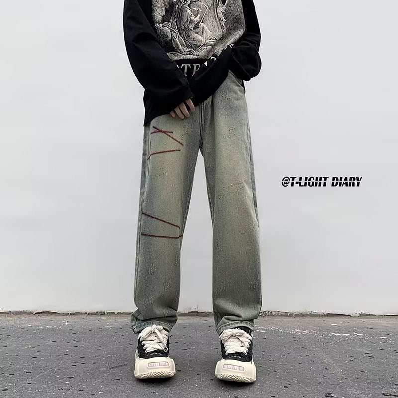 American Fashion High Street Washed Distressed All-Match Jeans Men'S And Women'S Loose Wide-Leg Asymmetric Casual Straight Trousers - Image 2