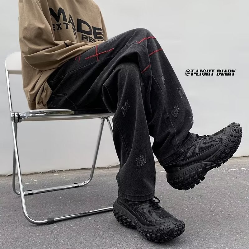 American Fashion High Street Washed Distressed All-Match Jeans Men'S And Women'S Loose Wide-Leg Asymmetric Casual Straight Trousers - Image 4
