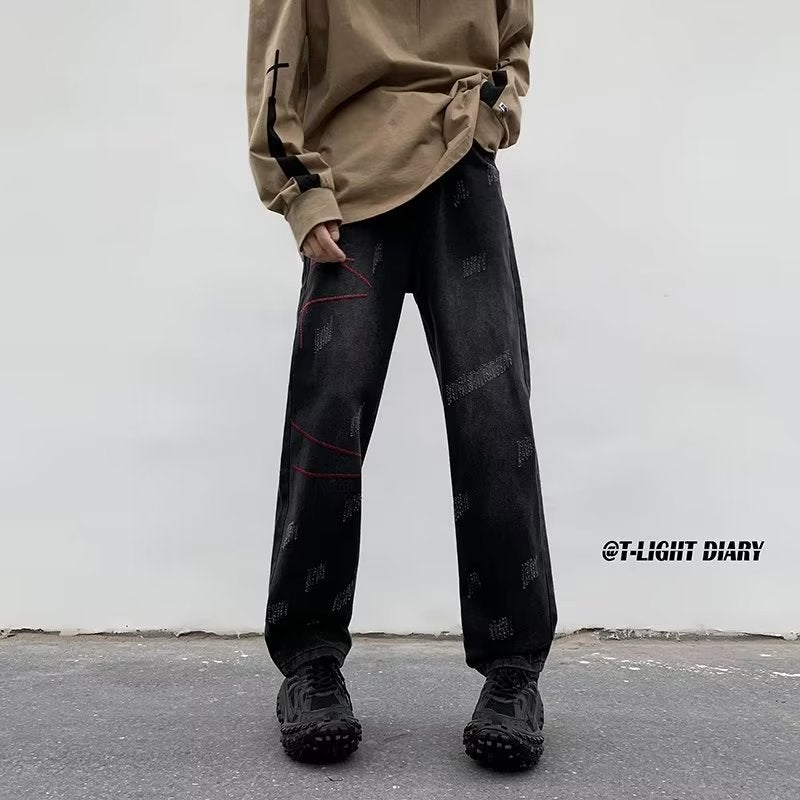 American Fashion High Street Washed Distressed All-Match Jeans Men'S And Women'S Loose Wide-Leg Asymmetric Casual Straight Trousers - Image 1