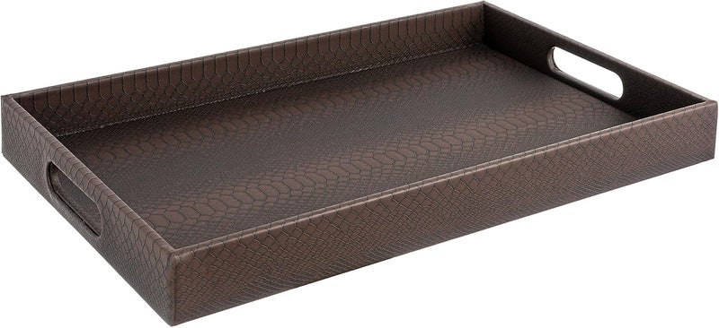 Home Redefined Modern 18x12 Rectangle Brown Snake Faux Leather Decorative Tray Serving Tray with Handles Ottoman Coffee Table Dresser Living Room Kitchen Tray by Home Redefined for All Occasions - Image 1