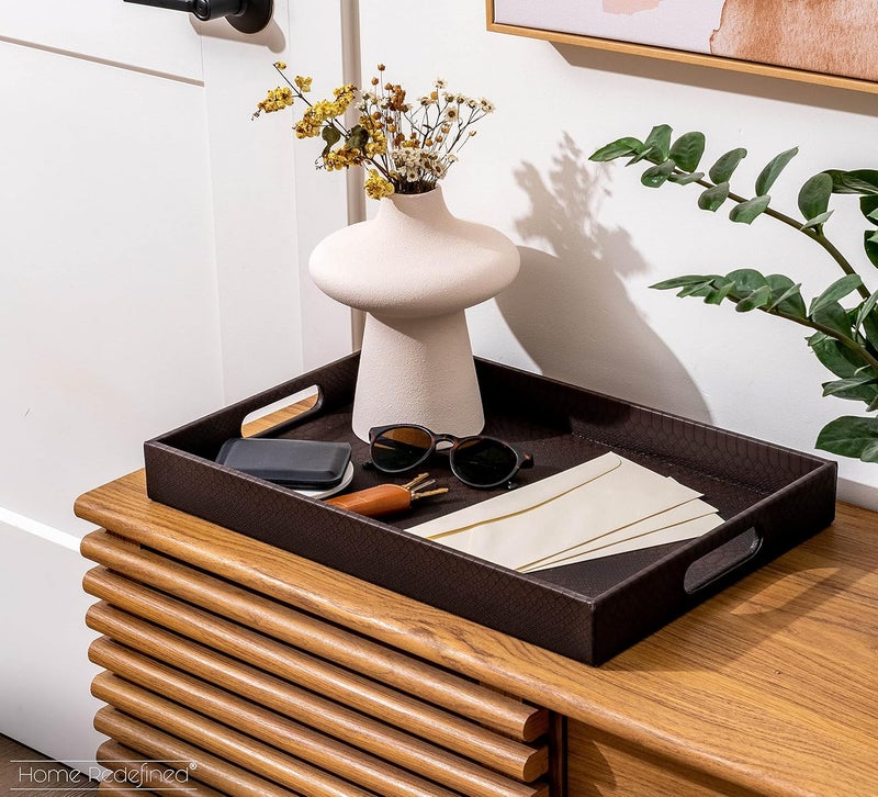 Home Redefined Modern 18x12 Rectangle Brown Snake Faux Leather Decorative Tray Serving Tray with Handles Ottoman Coffee Table Dresser Living Room Kitchen Tray by Home Redefined for All Occasions - Image 2