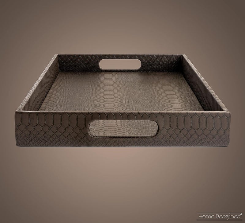 Home Redefined Modern 18x12 Rectangle Brown Snake Faux Leather Decorative Tray Serving Tray with Handles Ottoman Coffee Table Dresser Living Room Kitchen Tray by Home Redefined for All Occasions - Image 4