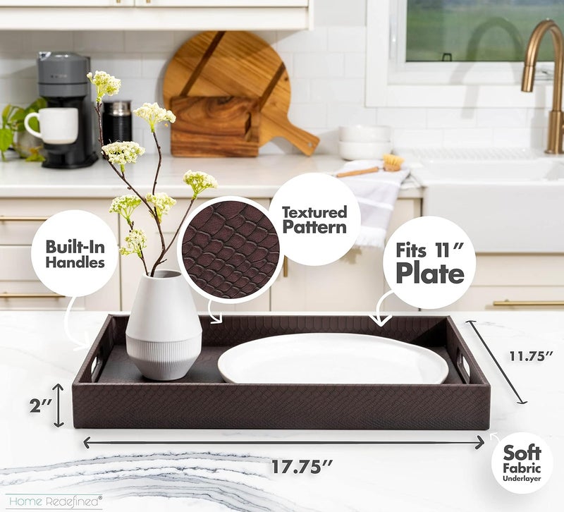 Home Redefined Modern 18x12 Rectangle Brown Snake Faux Leather Decorative Tray Serving Tray with Handles Ottoman Coffee Table Dresser Living Room Kitchen Tray by Home Redefined for All Occasions - Image 3