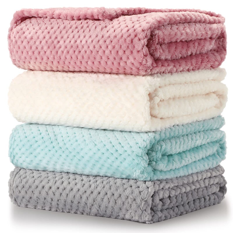 Reginary 4 Pack Fuzzy Blanket 30 x 40'' Waffle Flannel Baby Throw Blankets Warm Nursery & Crib Blankets for Girl & Boy Newborn Infant(Light Blue, Pink, Beige, Gray) - Image 1