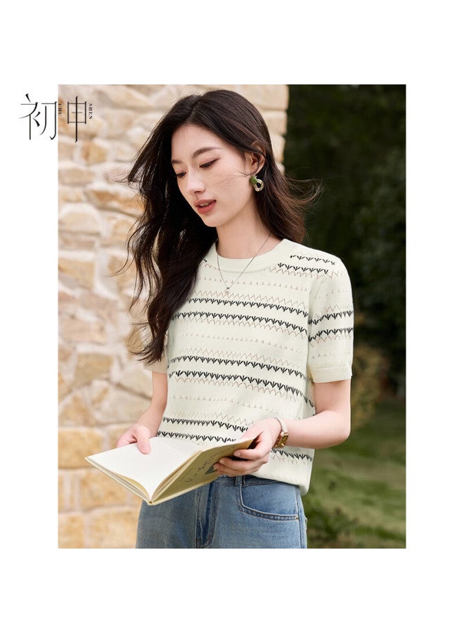 First Application Chushen Spring Summer Short Sleeve Knitted T-shirt Women's Fashion Round Neck Refreshing Striped Commuting Casual Knitted Top S52t033 - Image 4