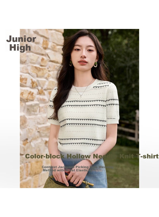 First Application Chushen Spring Summer Short Sleeve Knitted T-shirt Women's Fashion Round Neck Refreshing Striped Commuting Casual Knitted Top S52t033 - Image 1