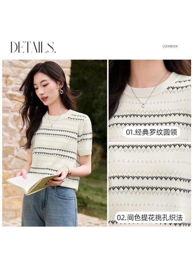 First Application Chushen Spring Summer Short Sleeve Knitted T-shirt Women's Fashion Round Neck Refreshing Striped Commuting Casual Knitted Top S52t033 - Image 2