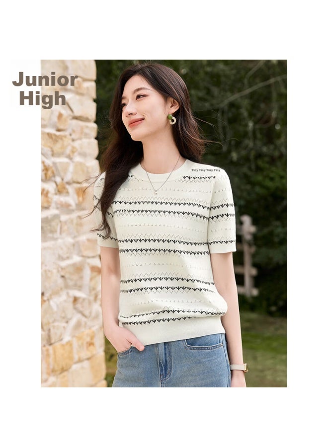 First Application Chushen Spring Summer Short Sleeve Knitted T-shirt Women's Fashion Round Neck Refreshing Striped Commuting Casual Knitted Top S52t033 - Image 5