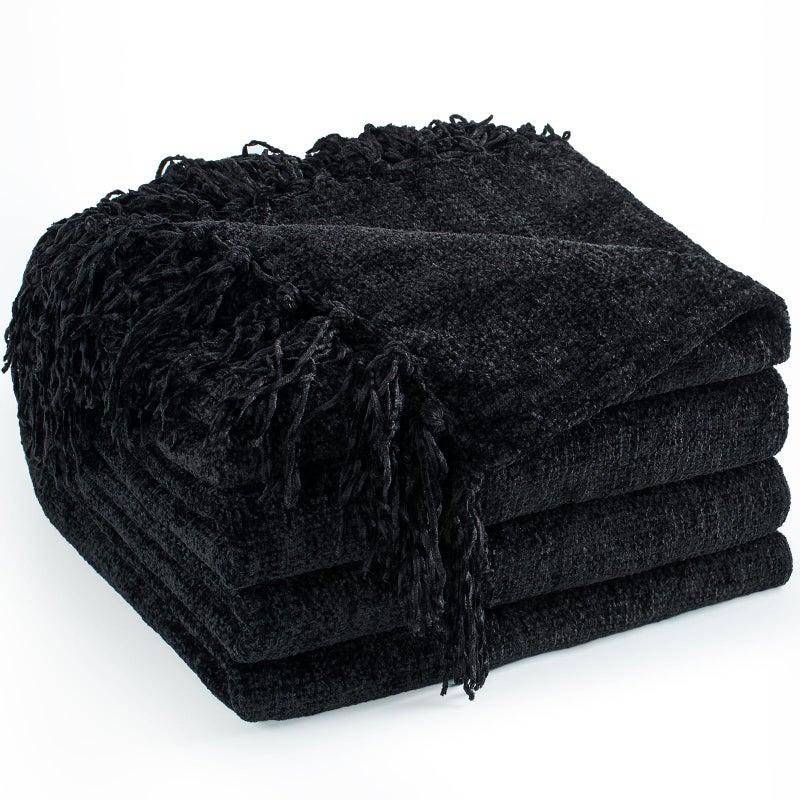 LONG CREATE Chenille Throw Blanket for Couch 50X 60 Soft Cozy Throws with Fringe Tassel for Bed Sofa Chair Cover Lightweight Knitted Decorative Boho Blankets for Living Room Black