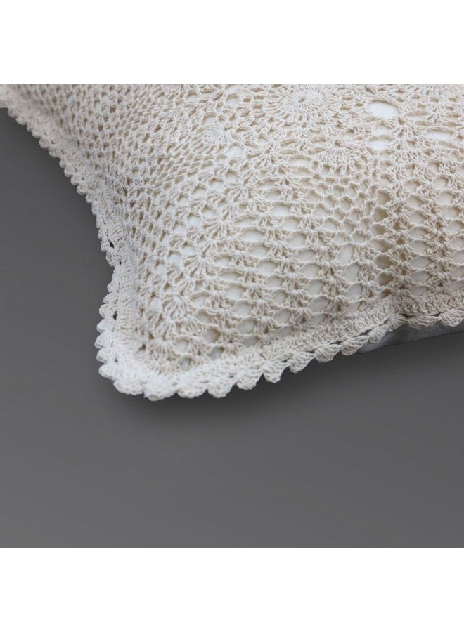 Peepul Tree Handmade Crochet Cotton Cushion Pillow Cover Boho Home Decor Abstract Pattern for Sofa Set Bed Living Room Bedroom with Back Zipper 16 x 16 Inches Off White Color Pack of 2 - Image 3