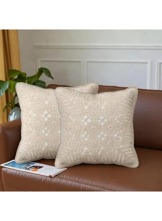 Peepul Tree Handmade Crochet Cotton Cushion Pillow Cover Boho Home Decor Abstract Pattern for Sofa Set Bed Living Room Bedroom with Back Zipper 16 x 16 Inches Off White Color Pack of 2 - Image 1