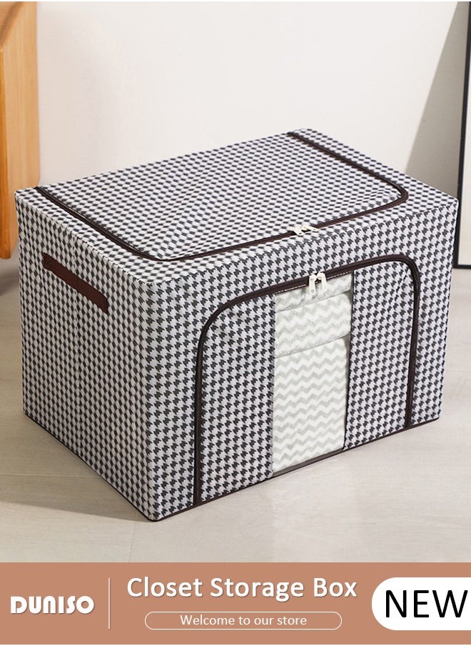 DUNISO - Closet Storage Box with Metal Frame, Stackable Flodable Closet Container Organizer with Lids Handle Double & Zippers, Large Capacity Wardrobe Clothes Storage Box with Clear Window for Blanket, Bedding, Clothes, Comforter - Image 1