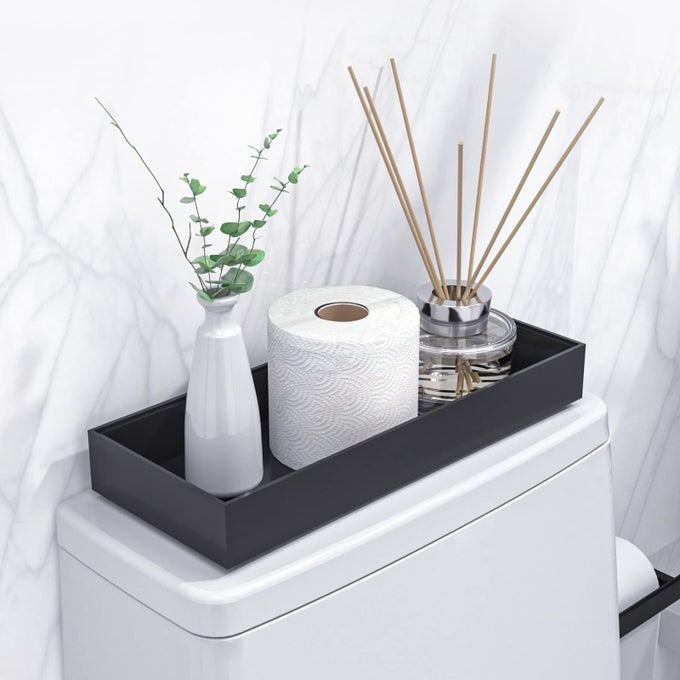 TOILET TANK TRAY FOR MODERN BLACK BATHROOM DECOR SET OF 2 TOILET TANK TOPPER PAPER STORAGE DECORATIVE ORGANIZER BOX WOOD VANITY TRAY FOR COUNTER DECOR DRESSER TOPS 15 X 6 X 2 BLACK