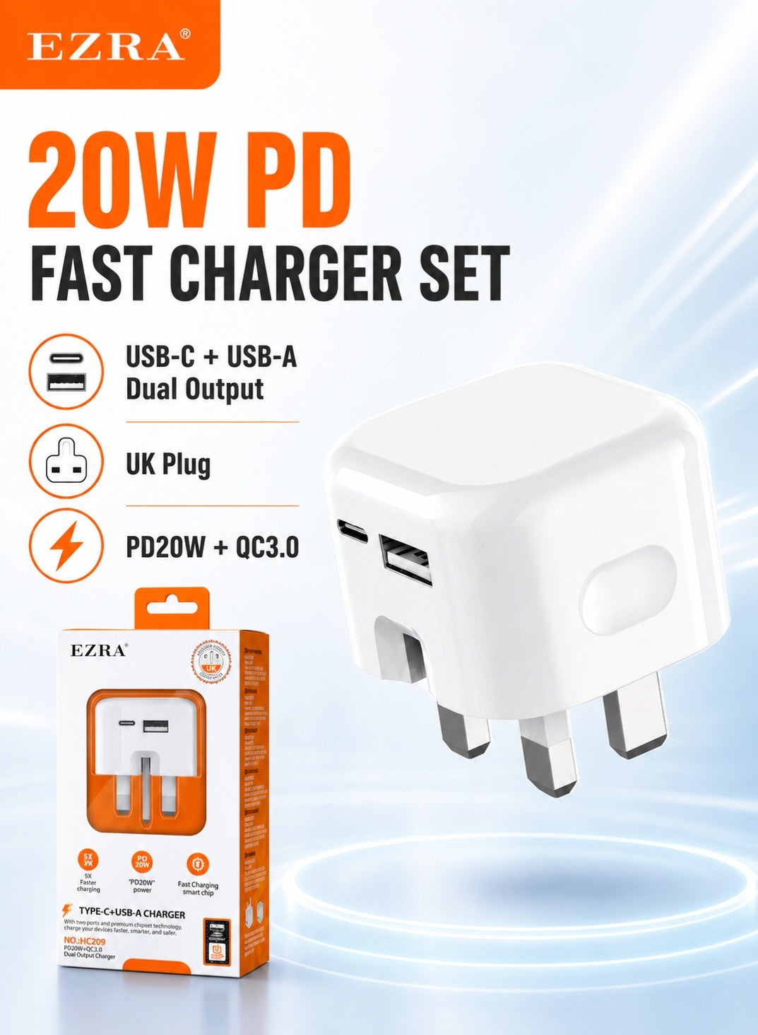 ezra Ezra Pd Uk Fast Charger Dual Output type-c usb-a Uk 3 Pin Wall Charger Plug usba 20W ZB7CA6840B1A3AD7B9310Z
