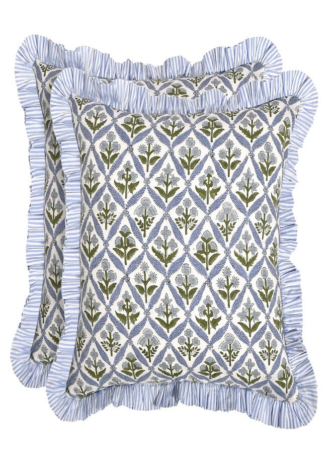 Ridhi Modern Farmhouse Pillow Covers Decorative Cotton Throw Pillow Covers Set of 2 Light Steel Blue Cushion Covers with Ruffle for Couch Sofa Bed Living Room Spring Home Decor 16x16 - Image 1