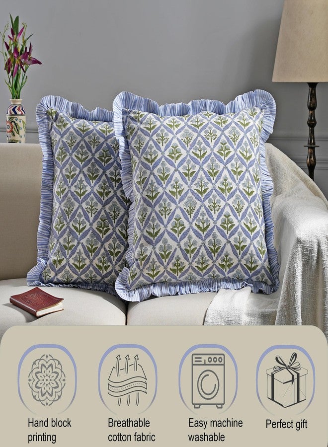 Ridhi Modern Farmhouse Pillow Covers Decorative Cotton Throw Pillow Covers Set of 2 Light Steel Blue Cushion Covers with Ruffle for Couch Sofa Bed Living Room Spring Home Decor 16x16 - Image 4