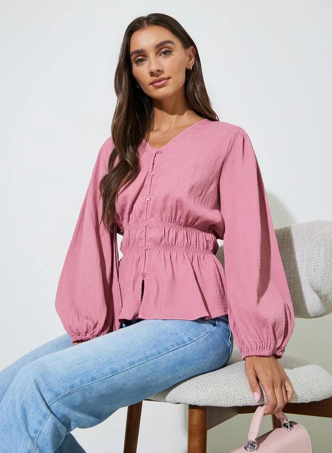 Styli Pink Solid Smoked Waist V-Neck Long Sleeves Blouse