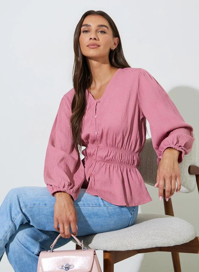 Styli Pink Solid Smoked Waist V-Neck Long Sleeves Blouse