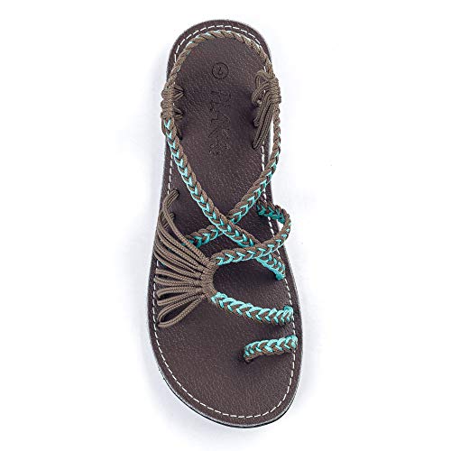 Plaka Palm Leaf Flat Summer Sandals for Women | Perfect for the Beach Walking & Dressy Occasions | Turquoise Gray | Size 9 - Image 1