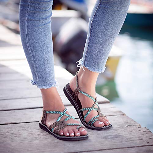Plaka Palm Leaf Flat Summer Sandals for Women | Perfect for the Beach Walking & Dressy Occasions | Turquoise Gray | Size 9 - Image 3