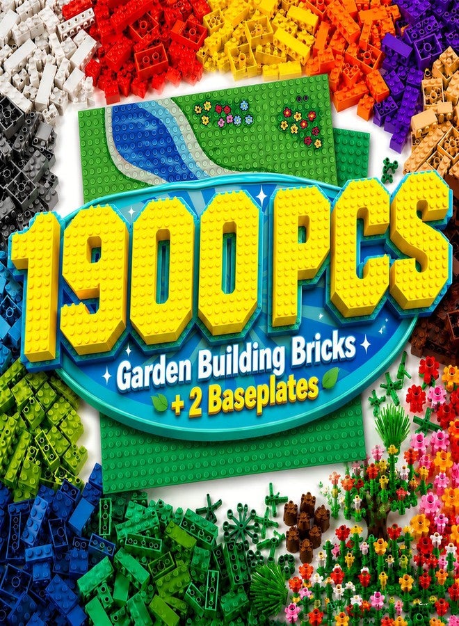 cumeysnon 1900 Pieces Building Bricks, Building Bulks Blocks with 2 Packs 24x24 Studs Sticky Plates,400PCS Flowers and Tree/Grassland, Creative Toy Blocks Compatible with All Major Brands 14 Shape/18 Color New - Image 1