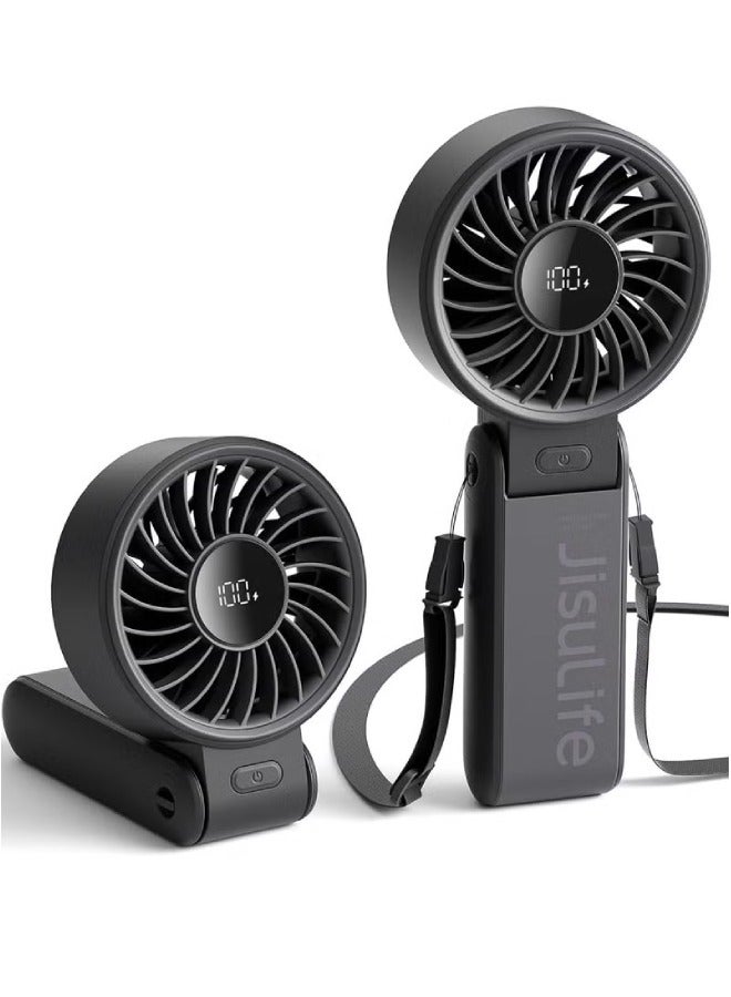 JISULIFE Handheld Fan Life7,2024 Powerful Portable Fan with LED Display,5000mAh,150°Folded,5 Speeds,Lanyard[Upto19.5Hrs Max Cooling]3-IN-1 Hand/Desk/Neck Fan,Travel Essentials Gifts for Women,Men(Black) - Image 1