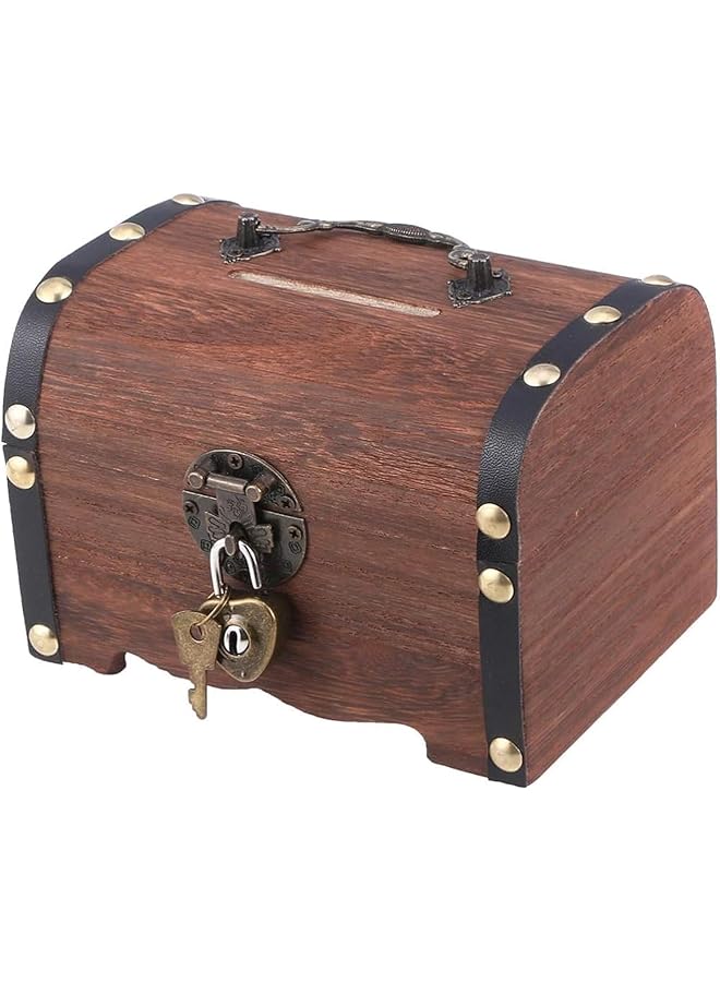 إيروريكس صندوق كنز خشبي للأطفال مع قفل ومفتاح، صندوق كنز خشبي عتيق، صندوق كنز خشبي صغير ريفي، صندوق عملات خشبي للكبار، ديكور بنك سطح المكتب، هدايا عيد ميلاد للأطفال