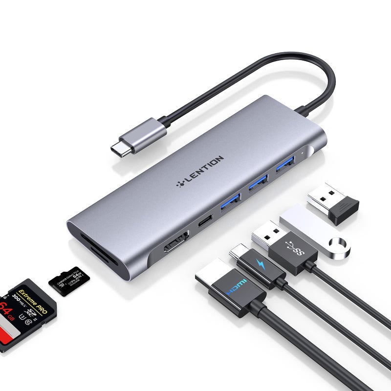 Lention محور متعدد المنافذ USB C من LENTION مع HDMI بدقة 4K، 3 منافذ USB 3.0، قارئ بطاقات SD/Micro SD 3.0، متوافق مع 100W PD لجهاز MacBook Pro 2025-2016، Mac Air الجديد، وأجهزة Type C الأخرى، محول سائق مستقر (C36B، رمادي فضائي) - Image 1