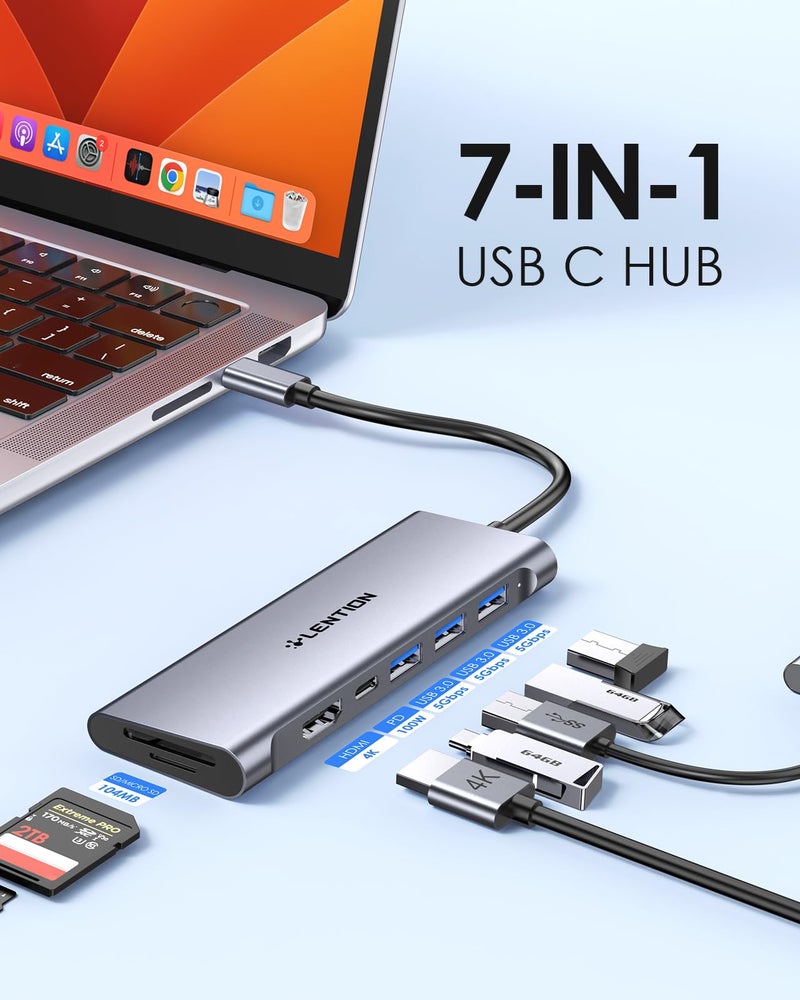 Lention محور متعدد المنافذ USB C من LENTION مع HDMI بدقة 4K، 3 منافذ USB 3.0، قارئ بطاقات SD/Micro SD 3.0، متوافق مع 100W PD لجهاز MacBook Pro 2025-2016، Mac Air الجديد، وأجهزة Type C الأخرى، محول سائق مستقر (C36B، رمادي فضائي) - Image 2