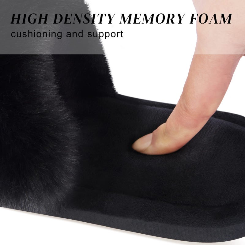 Parlovable Women's Faux Fur Slippers Fuzzy Flat Spa Fluffy Open Toe House Shoes Indoor Outdoor Slip on Memory Foam Slide Sandals Black 9-10 - Image 3