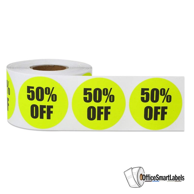OfficeSmartLabels 50 Percent Off Stickers - Clearance Discount Sale Labels for Small Business Supplies Retail Store Markdown Pricing Stickers - 1.5 Inch Round Circle Fluorescent Yellow - 300 Labels/Roll - Image 2