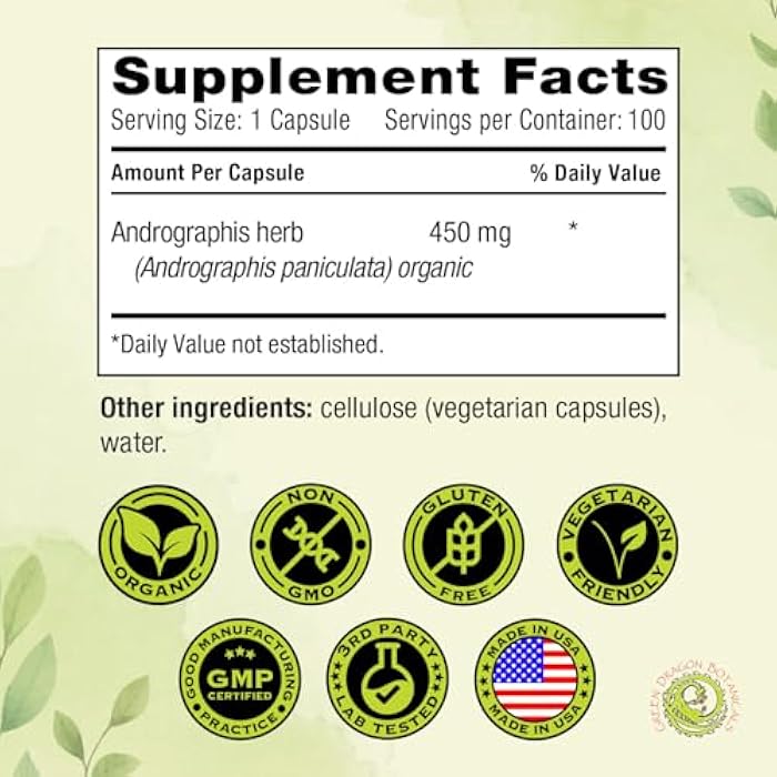 Green Dragon Botanicals Andrographis Capsules (Andrographis paniculata) Herb 450 mg 100 Capsules Made in USA - Cold Prevention And Immune Support Supplements - Organic, Non-GMO, Gluten-free, Vegetarian GMP Standards - Image 5